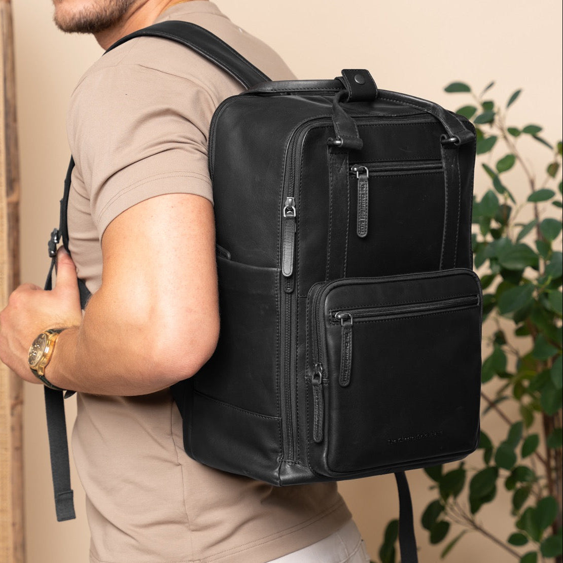 
Classic 100% Full-Grain leather Backpack - Rear Perspective Showing Reinforced Leather Straps & Stitching