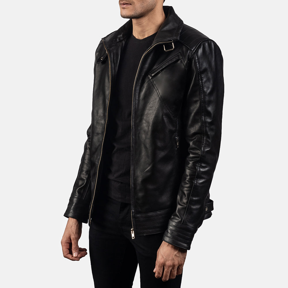 
Black Cowhide Leather Biker Jacket - Back View Showing Tailored Shoulder Fit & Clean Hemline