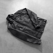 
Styled Fit Perspective of Men's Legacy Black Leather Biker Jacket on Model - Natural Daylight Drape