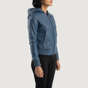 
Blue Sheepskin Leather Bomber Jacket - Back View Showing Tailored Shoulder Fit & Clean Hemline