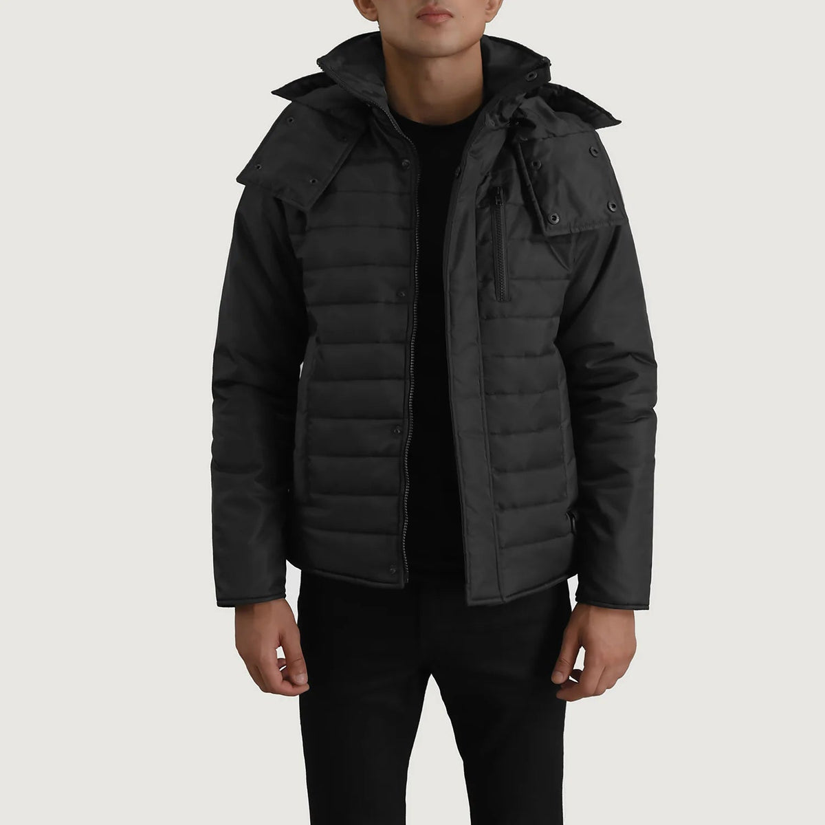 
Malcolm Black Hooded Puffer Jacket in Black Full-Grain Leather - Front Profile View & Tailored Silhouette | Buy Online