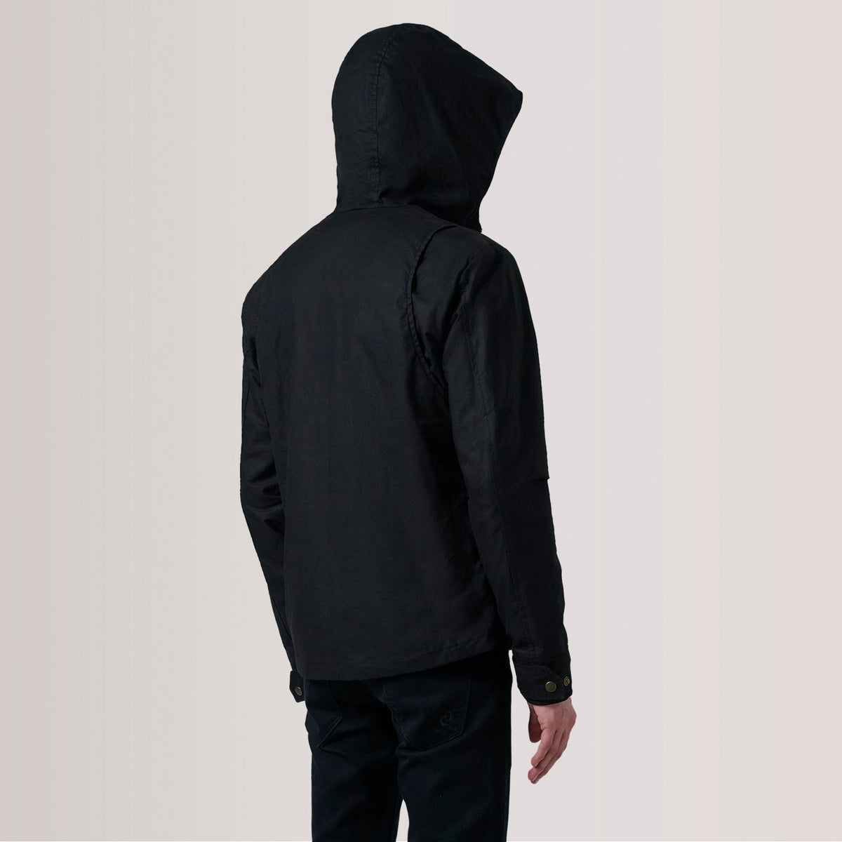 Close-Up Detail of Hooded &amp; Zipper with placket Hardware on Marlo Black Canvas Hooded Work Jacket For Men