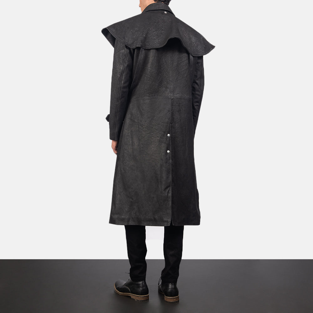 
Men's Maverick Black Leather Duster - Lateral Side Profile View Showing Sleeve Cut & Athletic Taper Fit