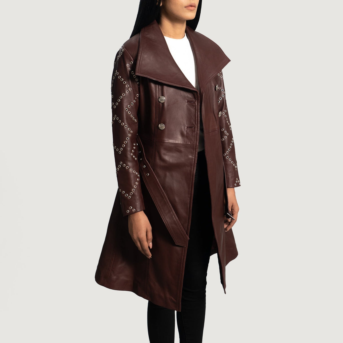 Women's Missoni Maroon Leather Trench Coat - Lateral Side Profile View Showing Sleeve Cut &amp; Athletic Taper Fit