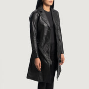 
Black Sheepskin Leather Trench Coat - Back View Showing Tailored Shoulder Fit & Clean Hemline