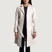 
Silver Sheepskin Leather Trench Coat - Back View Showing Tailored Shoulder Fit & Clean Hemline
