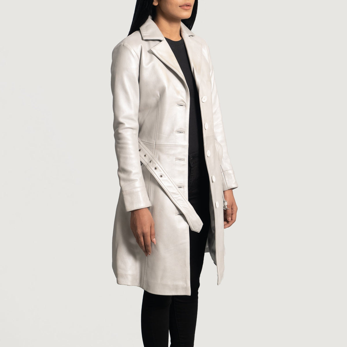 
Women's Moonlight Silver Leather Trench Coat - Lateral Side Profile View Showing Sleeve Cut & Athletic Taper Fit