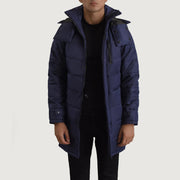 
Moore Blue Hooded Parka in Blue Full-Grain Leather - Front Profile View & Tailored Silhouette | Buy Online