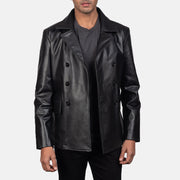 Close-Up Detail of Notch &amp; Buttons Hardware on Men's Mr. Bailey Black Leather Naval Peacoat