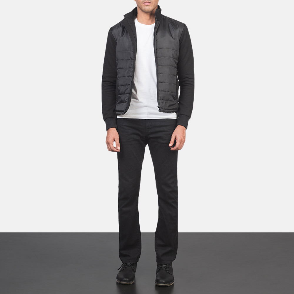 
Men's Nashville Quilted Black Windbreaker Jacket - Lateral Side Profile View Showing Sleeve Cut & Athletic Taper Fit
