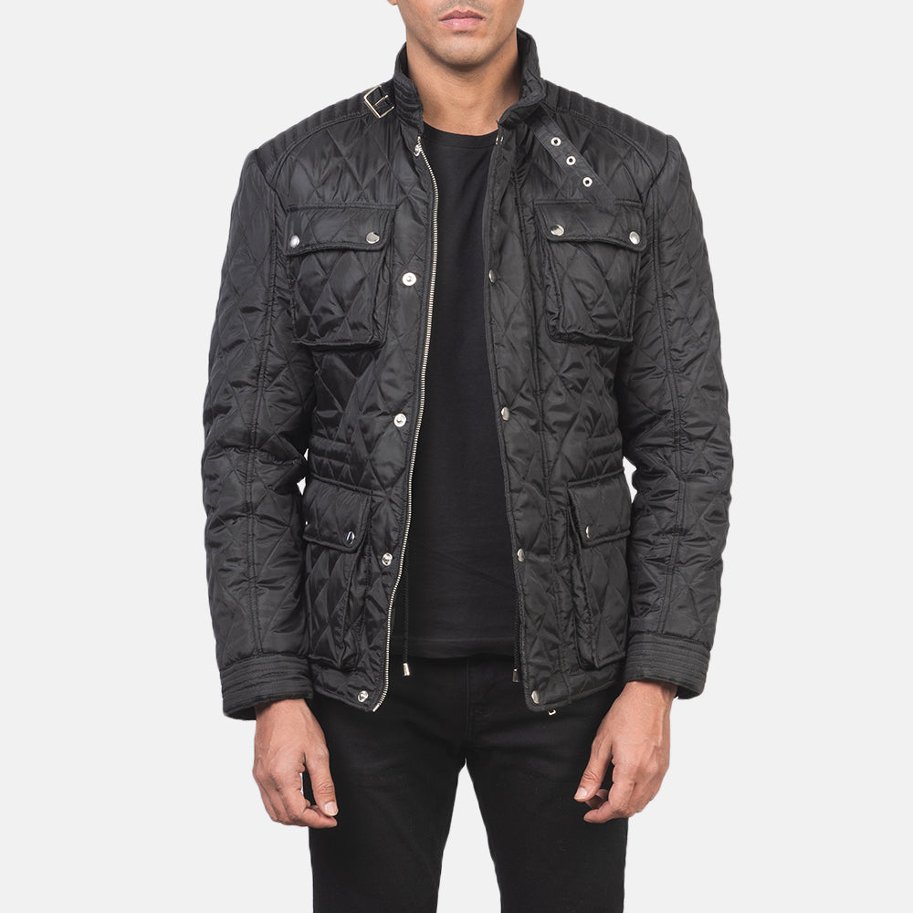 Men's Nelson Quilted Black Windbreaker Jacket in Black Polyester - Front Profile View &amp; Tailored Silhouette | Buy Online