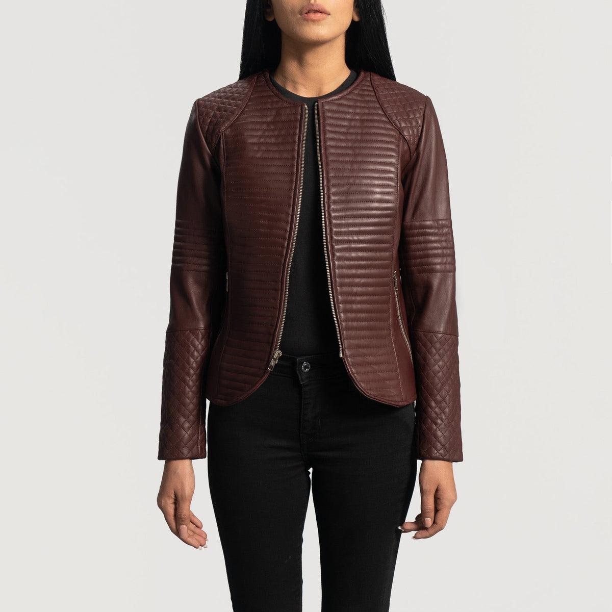 
Women's Nexi Quilted Maroon Leather Jacket - Lateral Side Profile View Showing Sleeve Cut & Athletic Taper Fit