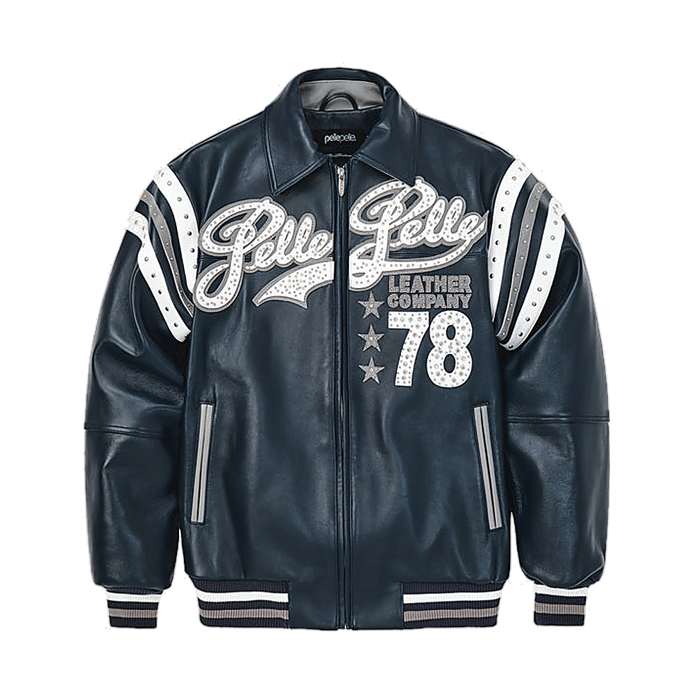 
Encrusted Varsity Leather Jacket (Navy)