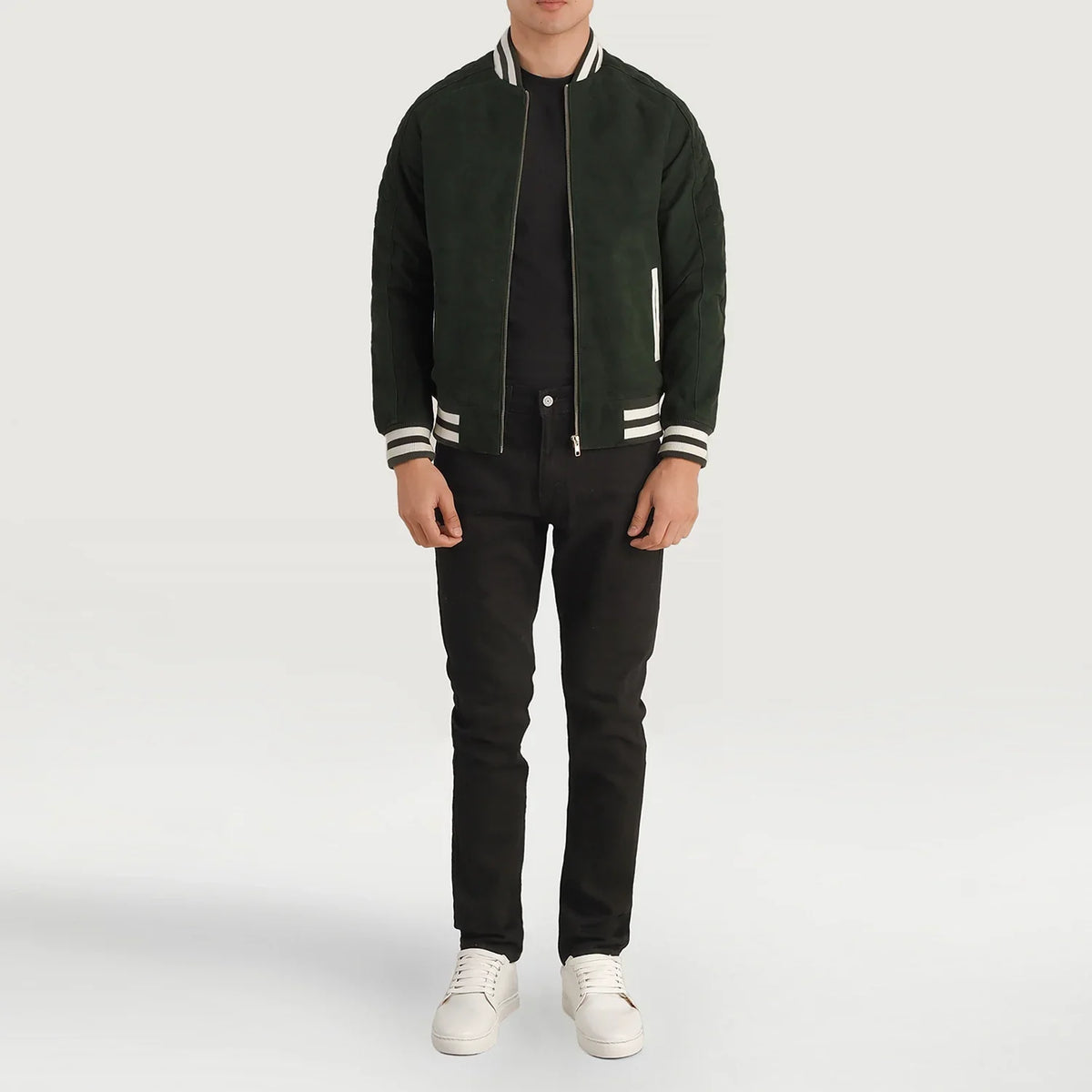 Pascal Green Suede Varsity Jacket - Lateral Side Profile View Showing Sleeve Cut &amp; Athletic Taper Fit