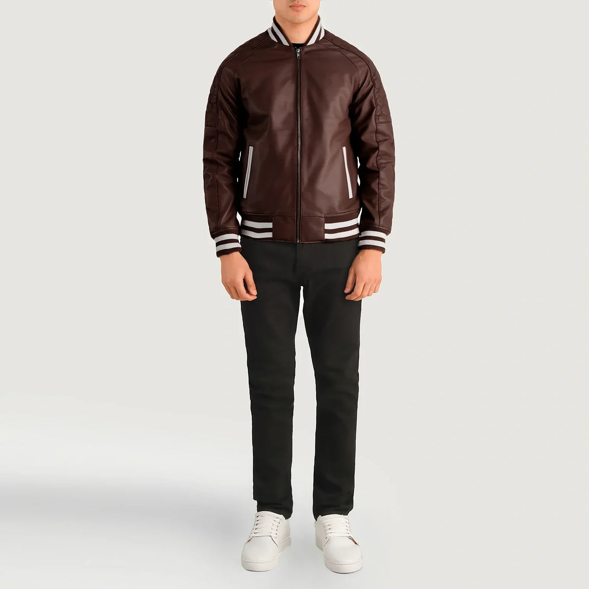 Pascal Maroon Leather Varsity Jacket - Lateral Side Profile View Showing Sleeve Cut &amp; Athletic Taper Fit