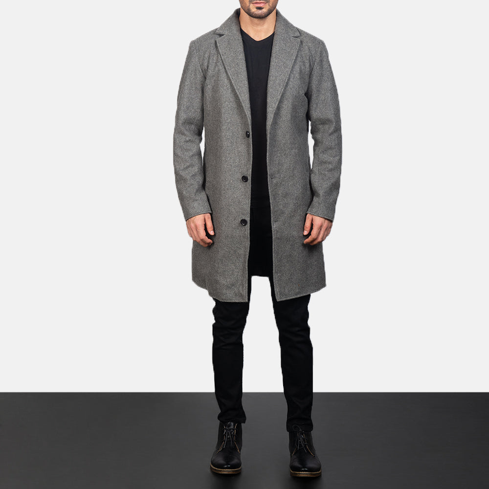 
Close-Up Detail of Notch & Button Hardware on Men's Petrillo Grey Wool Single Breasted Coat