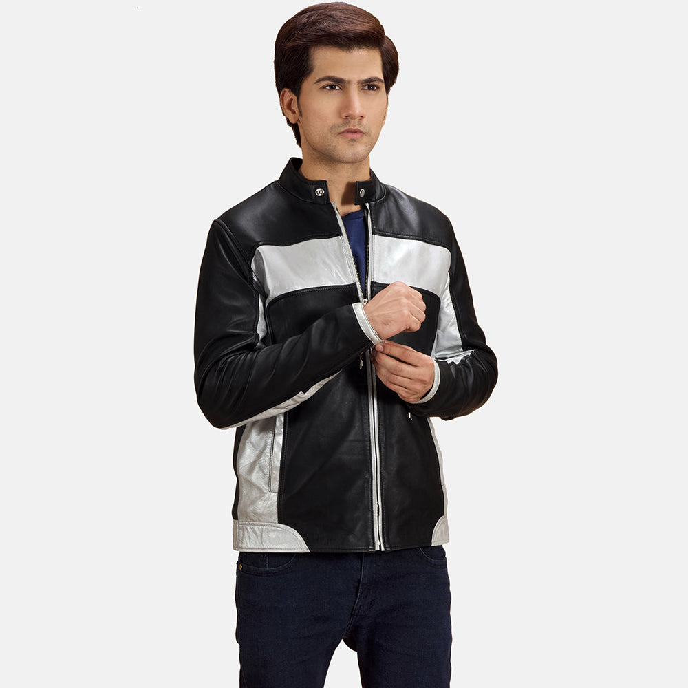 Randolf Silver Black Leather Biker Jacket in Black &amp; silver Sheepskin Leather - Front Profile View &amp; Tailored Silhouette | Buy Online