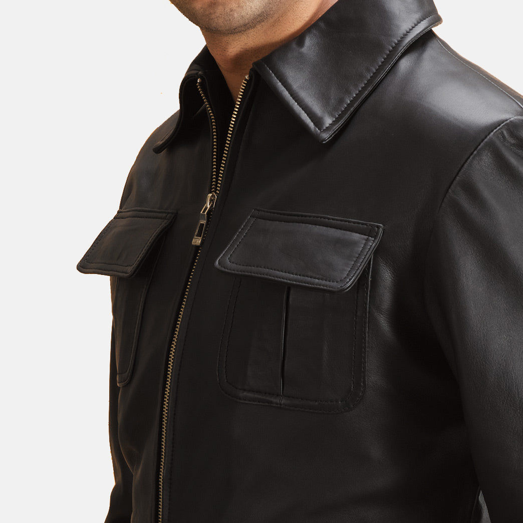 
Close-Up Detail of Shirt & Zipper Hardware on Raven Black Leather Jacket