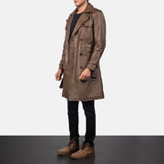 
Mocha Brown Calfskin Leather Trench Coat - Back View Showing Tailored Shoulder Fit & Clean Hemline
