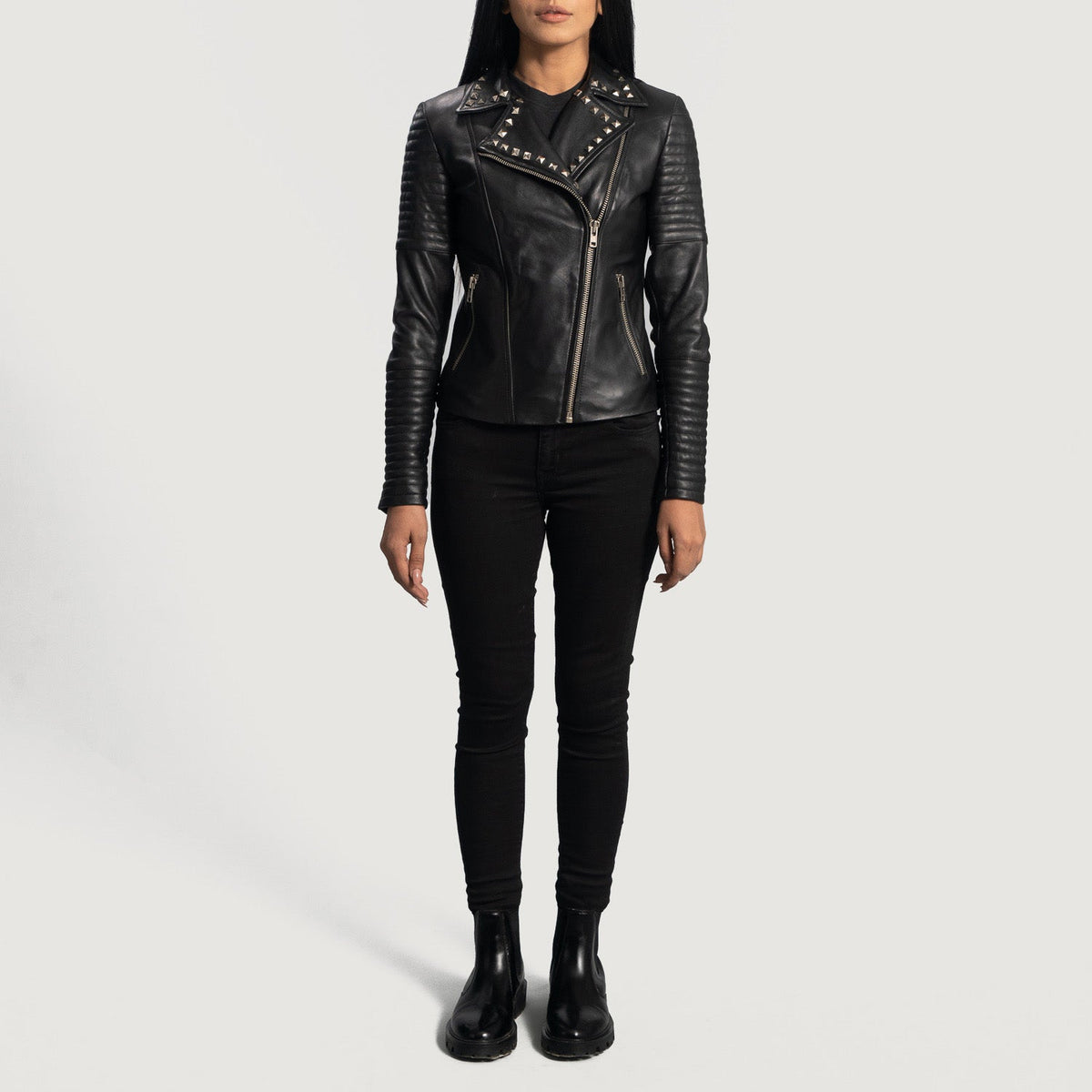 Close-Up Detail of Notch &amp; Zipper Hardware on Women's Sally Mae Studded Black Leather Biker Jacket