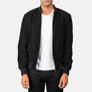 
Men's Shane Black Suede Bomber Jacket in Black Goatskin Suede - Front Profile View & Tailored Silhouette | Buy Online