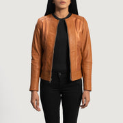 
Women's Sleeky Clean Tan Leather Biker Jacket in Tan Brown Sheepskin Leather - Front Profile View & Tailored Silhouette | Buy Online