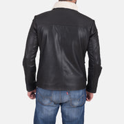 
Men's Snow Cole Black Leather Jacket - Lateral Side Profile View Showing Sleeve Cut & Athletic Taper Fit