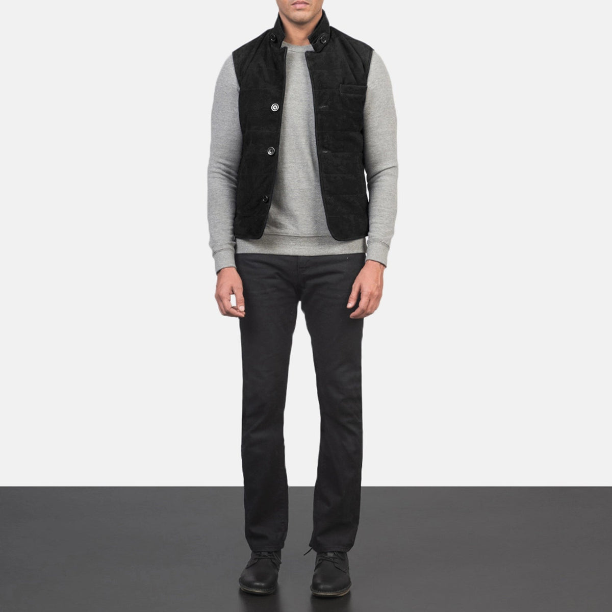 
Men's Tony Black Suede Vest - Lateral Side Profile View Showing Sleeve Cut & Athletic Taper Fit