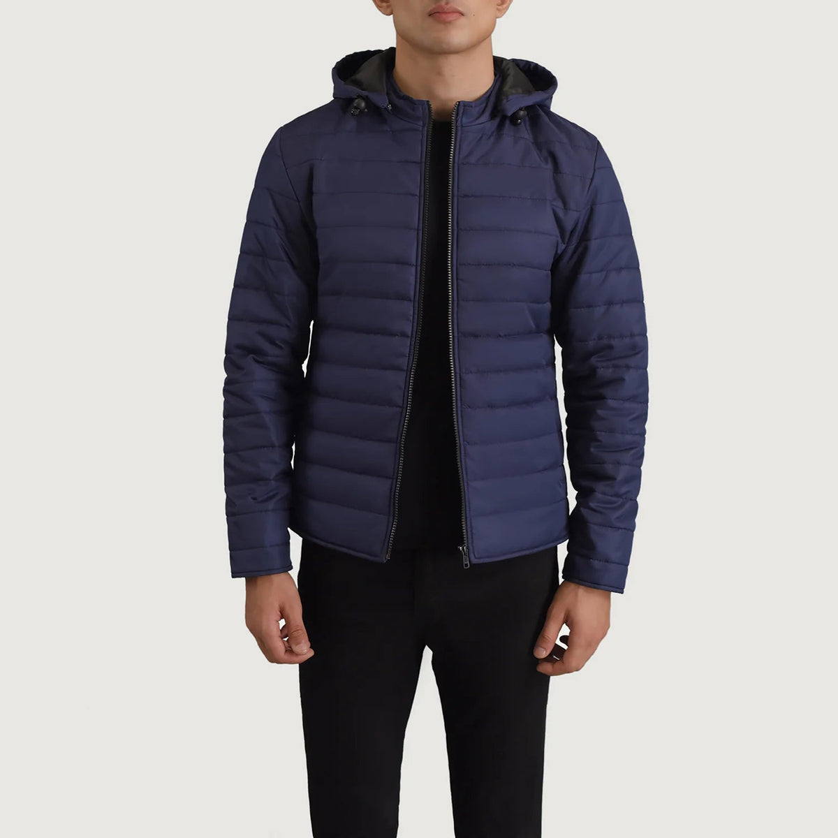 
Tyler Blue Hooded Puffer Jacket in Blue Full-Grain Leather - Front Profile View & Tailored Silhouette | Buy Online