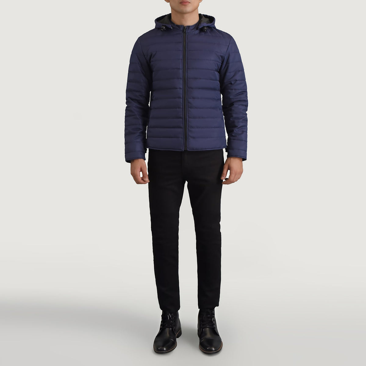 
Tyler Blue Hooded Puffer Jacket - Lateral Side Profile View Showing Sleeve Cut & Athletic Taper Fit