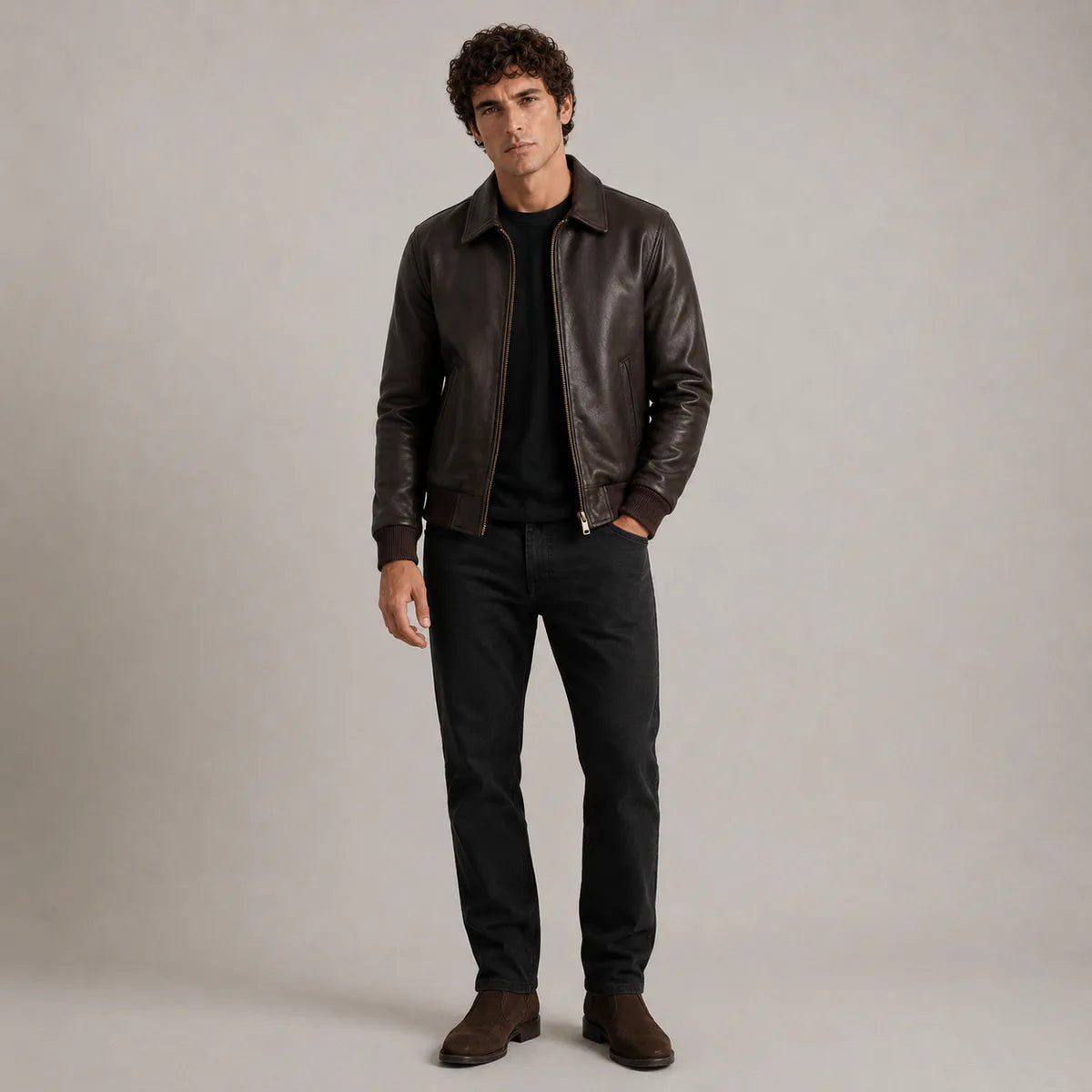
Dark Brown Sheepskin Leather Bomber Jacket - Lateral Side Profile View Showing Sleeve Cut & Athletic Taper Fit