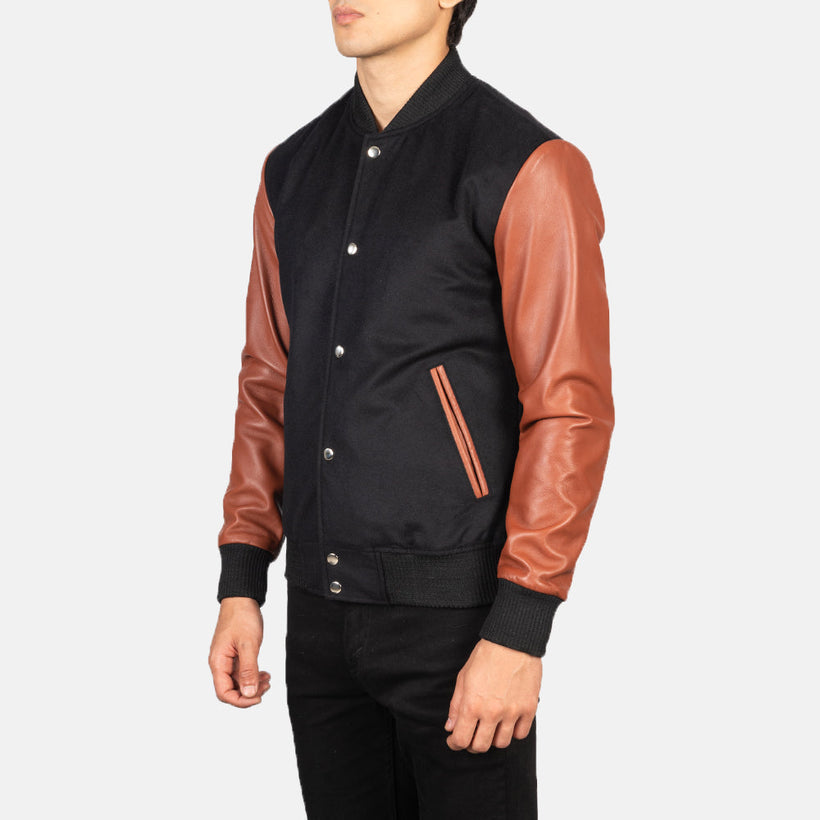 Black & Brown Sheepskin Leather Varsity Jacket - Back View Showing Tailored Shoulder Fit & Clean Hemline
