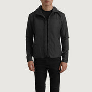 
Wesley Black Hooded Windbreaker Jacket in Black Full-Grain Leather - Front Profile View & Tailored Silhouette | Buy Online