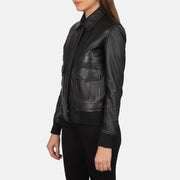 Black Sheepskin Leather Bomber Jacket - Back View Showing Tailored Shoulder Fit &amp; Clean Hemline
