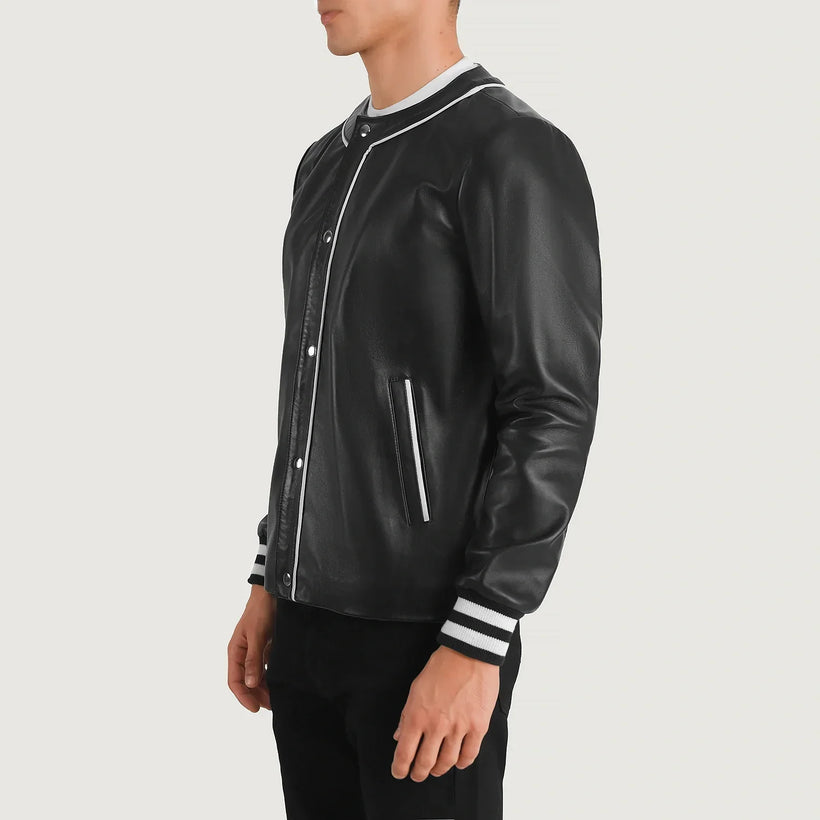 Black Sheepskin Leather Varsity Jacket - Back View Showing Tailored Shoulder Fit & Clean Hemline