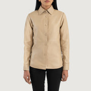 Close-Up Detail of Shirt & Leather Buttons Hardware on Women's Zenith Beige Leather Shirt Jacket
